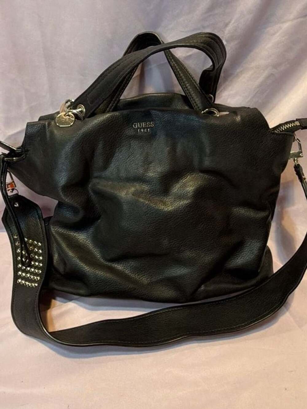 Guess 1981 Black Faux Leather Studded Handbag Purse